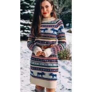 Kiel James Patrick Cozy Cabin Size XS Fair Isle Moose Sweater Dress Wool Blend z